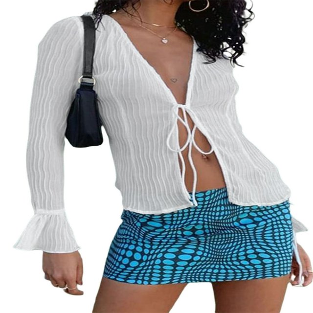 Chemise Plissée pour Femmes Manches Longues Col en V Profond Hauts d'Été à Volants