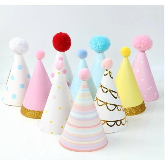 CIMAXIC Birthday 16 Pcs Birthday Party Hats: Birthday Decorations Supplies - Kids Glitter Cone Hats with Pom Poms for Adults Children Holiday Favors,6.69"X4.33"X0.04"