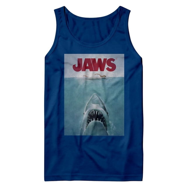 Débardeur Royal pour Adulte avec Affiche des Jaws, Mettant en Vedette un Graphique Audacieux de l'Emblématique Affiche du Film Les Jaws avec un Requin Émergeant de l'Eau et un Nageur au-Dessus. Fabriqué en Tissu jersey Fin Léger avec une Coupe Classique et une Manche à Double Aiguille et un Ourlet Inférieur. Marchandise de culture pop sous Licence Officielle par American Classics.