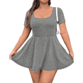 thumbnail image 1 of Robe Courte pour Femme à Encolure Carrée, Manches Courtes, Ourlet à Volants, avec Short Intégré, Gris G, 1 of 10