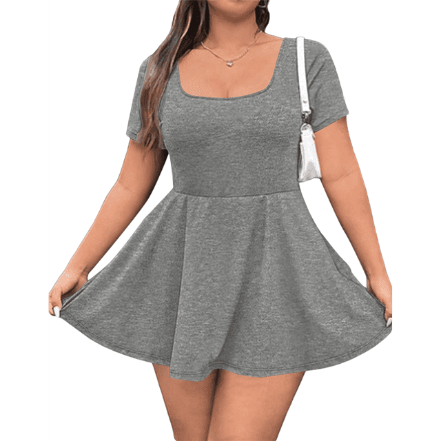 Robe Courte pour Femme à Encolure Carrée, Manches Courtes, Ourlet à Volants, avec Short Intégré, Gris G