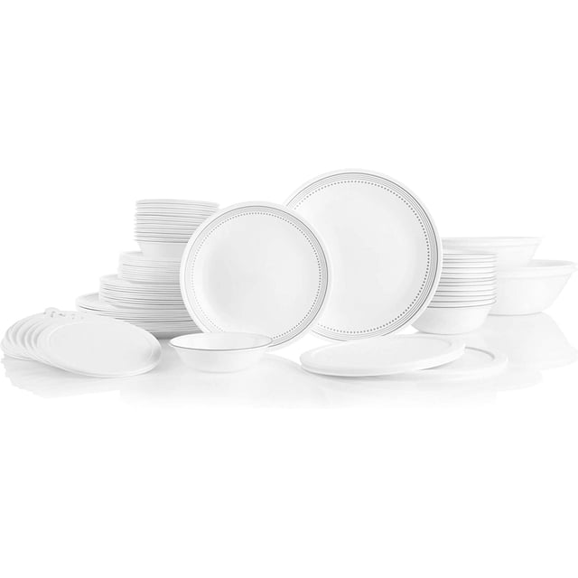 Corelle Mystic Gray 78-Piece Glass Dinnerware Set with round white plates and bowls featuring soft gray dotted borders, including 10.25-inch dinner plates, 8.5-inch salad plates, 6.75-inch appetizer plates, 18 oz soup/cereal bowls with lids, 10 oz dessert bowls, and serving bowls, all lightweight, stackable, microwave and dishwasher safe, suitable for casual meals and formal entertaining.
