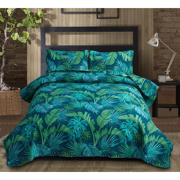 Bedspread Coverlet Set Queen Size Quilts Bedding Leaves Quilts Spring Summer Lightweight Bedding Reversible Quilts Bedspread Home Quilts Tropical Green Palm Tree Leaf Print Bedspread with Pillow Shams