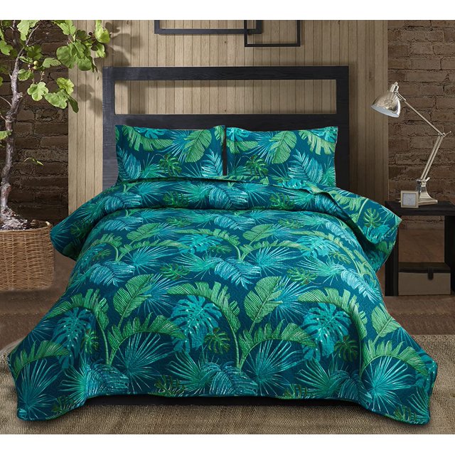 Bedspread Coverlet Set Queen Size Quilts Bedding Leaves Quilts Spring Summer Lightweight Bedding Reversible Quilts Bedspread Home Quilts Tropical Green Palm Tree Leaf Print Bedspread with Pillow Shams