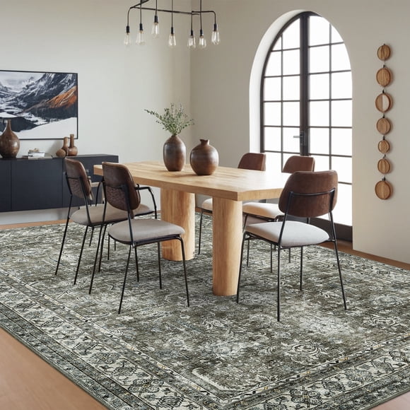 HOMERRY Washable 9' x 12' Modern Area Rug for Living Room Vintage Floral Print Indoor Washable Neutral Carpet, Green