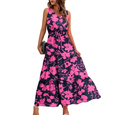 Pisexur Robes pour Femmes à Col en V Sans Manches Robe Maxi Taille Élastique Robe Évasée à Étages Robe d'Été Mode à Imprimé Floral Robe de Bal d'Été Décontractée Ample Longue Robe Confortable Fluide Robe Portefeuille pour Plage Vacances