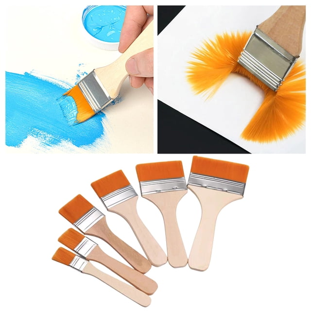 WIFKLSIIPG 6PCS Flat Paint Brushes Oil Paint Brush Memory Nylon Paint Brushes Set for Cleaning Painting Wall Painting Greasing Gluing Paint Brushes for Canvas Painting with Natural Handle