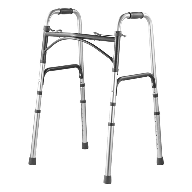 VEVOR Folding Walker Aluminum Mobility Walker Aid with Adjustable Height 350LBS. This lightweight aluminum walker features a foldable design for easy storage and transport. It has an adjustable height range of 32.3 to 39.4 inches, anti-skid feet for stability, and supports up to 350 pounds. Ideal for seniors and individuals with mobility challenges.