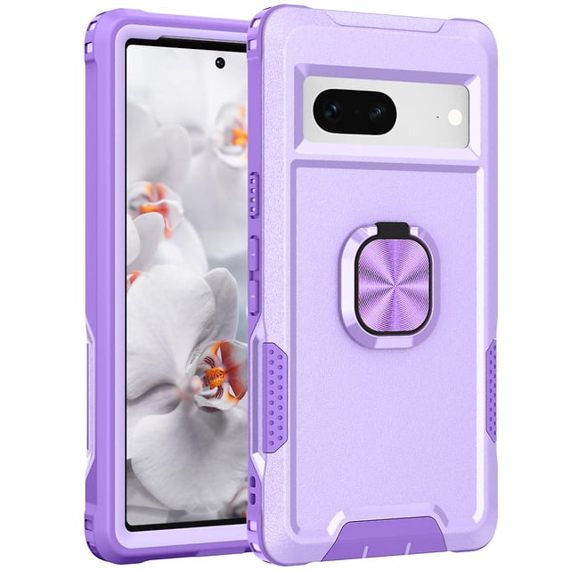 Phone Case For Google Pixel 7 in a vibrant purple colour, featuring a rugged dual-layer hybrid design with flexible TPU and four air corners for military-grade shockproof protection. Includes a 360-degree rotatable magnetic ring kickstand for hands-free use and a built-in magnetic iron sheet for car mount compatibility. Precisely cut for ports and buttons.