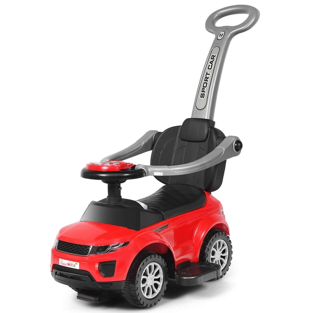 Costway Voiture Pousse-Pousse 3 en 1 pour Tout-Petits, Voiture Glissante Rouge, Conçue pour les Enfants de 12 à 36 Mois. Cette Voiture Polyvalente Fonctionne comme Poussette, Voiture de Marche Ou Voiture à Chevaucher, avec une Poignée Pousse-Pousse Amovible, des Garde-Corps de Sécurité et une Planche Anti-Renversement pour la Sécurité. Elle Comprend un Compartiment de Rangement Caché sous le Siège, des Roues Résistantes à l'Usure et un Siège Ergonomique avec un Volant Équipé de Musique et de Boutons Klaxon. Supporte jusqu'à 55 Lb.