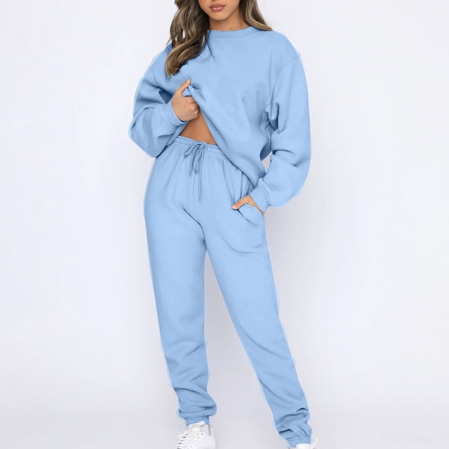 FNFYFH Liquidation Femmes Chandails en Molleton Survêtements 2025 Automne Manches Longues Ensembles de Sport Confort Col Rond Chandail à Enfiler Hauts avec Cordon Pantalons de Survêtement Unis Tenues Athlétiques Bleu,G