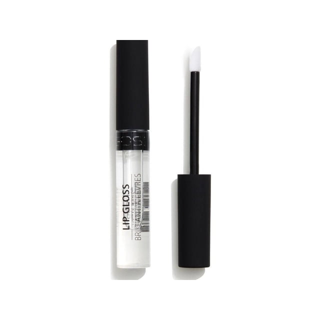 GOSH - Lip Gloss - 0017 clear lip gloss tube with black matte cap and applicator wand featuring angled white sponge tip, offering ultimate shine and non-stick texture to keep lips soft and moisturized, suitable for use alone or over lipstick.