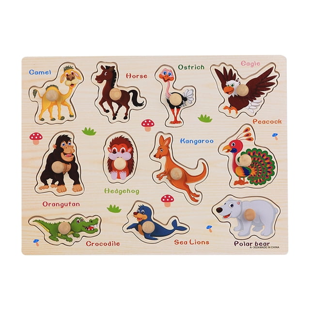 Jindong Kids Wooden Peg Puzzles Set with Alphabet Numbers Fruits Animals and Vehicles
