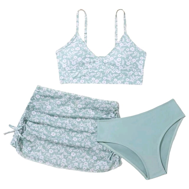 MIASHUI 3 Piece Girls Bathing Suits Leaf Flower Printed Bikini Set with Skirt Cover Up,Light Green,8-9 Years