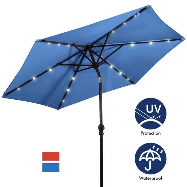 Patiojoy 9FT Patio UV Protection Tilt Solar Powered Umbrella with LED Lights Blue No Base