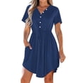 thumbnail image 2 of LOVZFMLL Robe d'Été Décontractée pour Femme à Manches Courtes, Col en V, Boutonnée, Robe de Plage pour Vacances et Voyages avec Poches, Bleu Foncé, A 3TG, 2 of 9