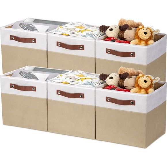 Bacs de Rangement HNZIGE Cube, Bac de Rangement en Tissu pour Étagère 11 x 11, 6 Pcs Bacs Organisateurs en Toile et Lin, Bac de Rangement Décoratif pour Couverture de Rangement Maison, Bureau (Blanc Beige)