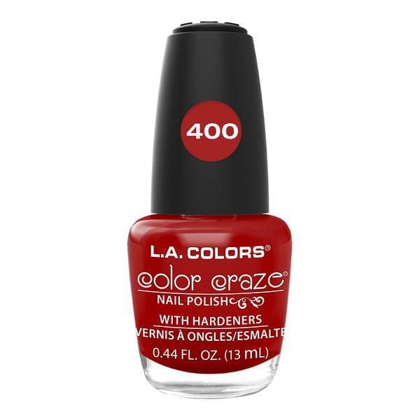 COLOR CRAZE NAIL POLISH - MARILYN by L.A. COLORS, bright red nail polish bottle with black cap labeled 400, contains 13 mL (0.44 fl. oz.), infused with hardeners to strengthen nails, suitable for vibrant, durable nail color on fingers and toes.