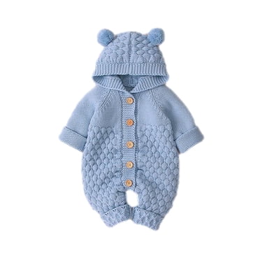 IROINID Économies Cache-Couche pour Bébé à Manches Longues Nouveau-Né Filles Garçons Manteau d'Hiver Chaud Tricoté Vêtement d'Extérieur Combinaison à Capuche, Bleu Clair