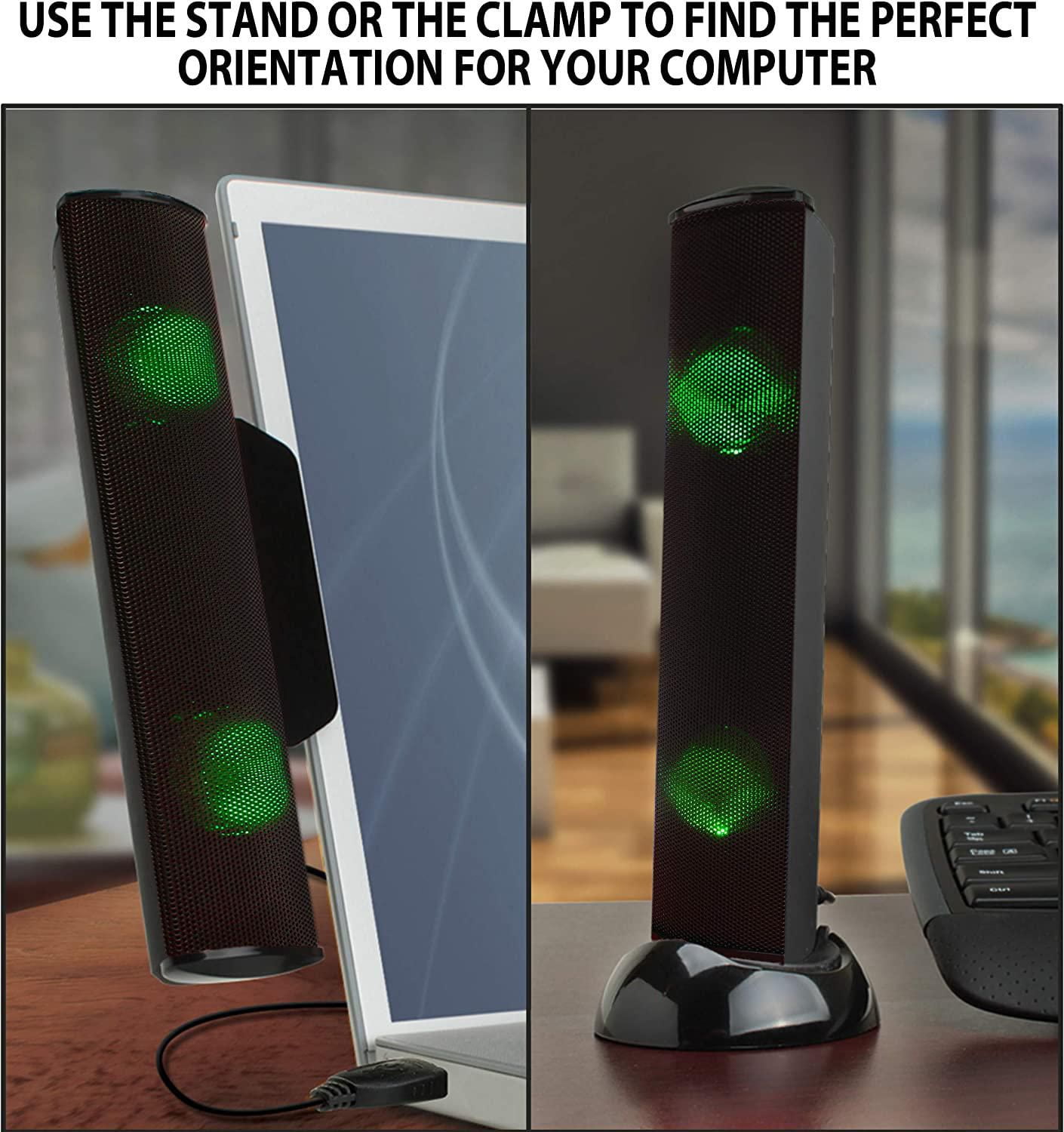 GOgroove SonaVERSE Haut-parleur LED pour ordinateur portable – Barre de son à clipser alimentée par USB avec mini haut-parleur externe portable pour moniteur, interrupteur arrière pour alimentation, e