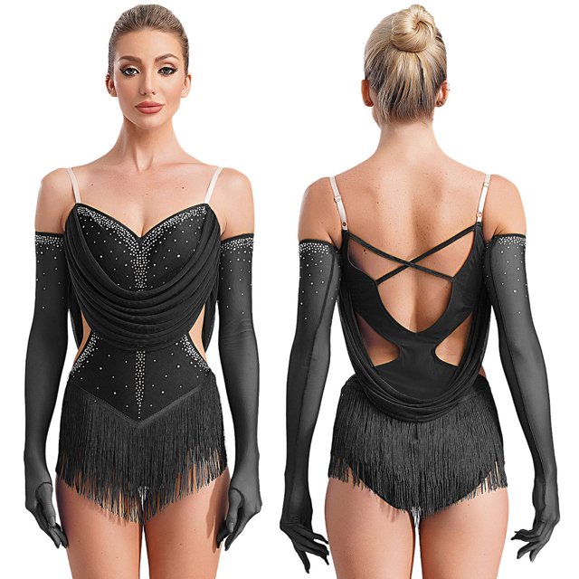 Aislor Robe de Danse Latine Jazz à Franges avec Gants Noir TG