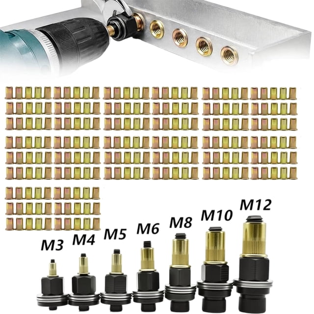 Rivet Nut Tool Kit, M3-M12 Metric Carbon Steel Mandrels and Rivet Nuts Set, Threaded Insert Kit for Automotive Metal Fabrication DIY Projects