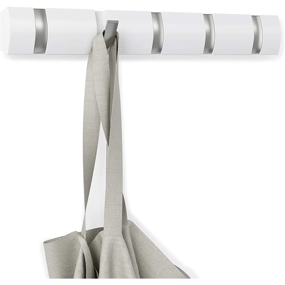 Flip Wall-Mounted Coat Rack Rail Hook for Hats, Jackets, Bags and More – Modern, Space-Saving Storage Organizer for Entryway, Mudroom, Closet, Bathroom, Bedroom, Kids Room, or Nursery, 5 Hooks, White