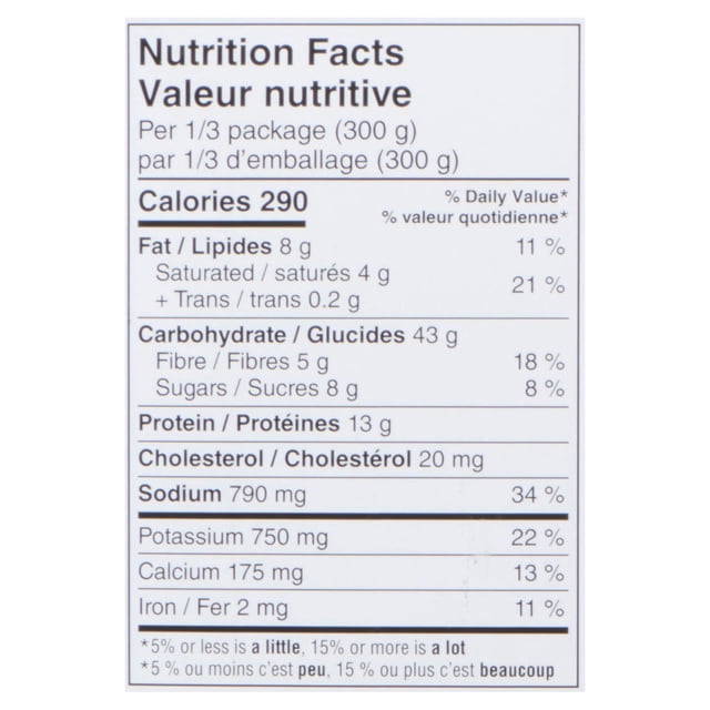 Étiquette de Valeur Nutritive pour Emballage de 1/3 (300 g) Montrant 290 calories, 8 g de Gras (4 g Saturés, 0,2 g trans), 43 g de Glucides (5 g de Fibres, 8 g de Sucres), 13 g de Protéines, 20 mg de Cholestérol, 790 mg de sodium, 750 mg de potassium, 175 mg de calcium et 2 mg de Fer, Fournissant des Valeurs Alimentaires Détaillées.