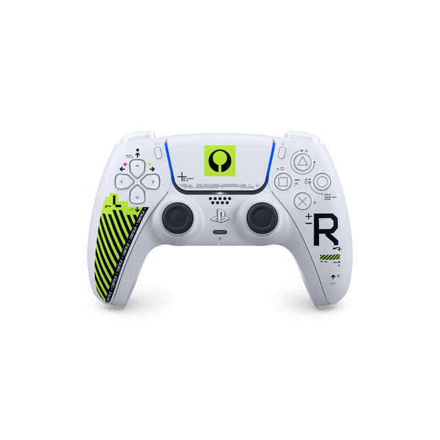 DualSense® Wireless Controller – Marathon™ Limited Edition in white with neon green and black graphic accents, front-facing view showing dual analog sticks, directional pad, PlayStation button, and action buttons with detailed markings, designed for precise haptic feedback and adaptive triggers.