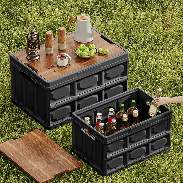 20L Foldable Camping Storage Box with Wooden Lid Organizer for Car Trunk Outdoor Gear Collapsible Plastic Bin Portable Utility