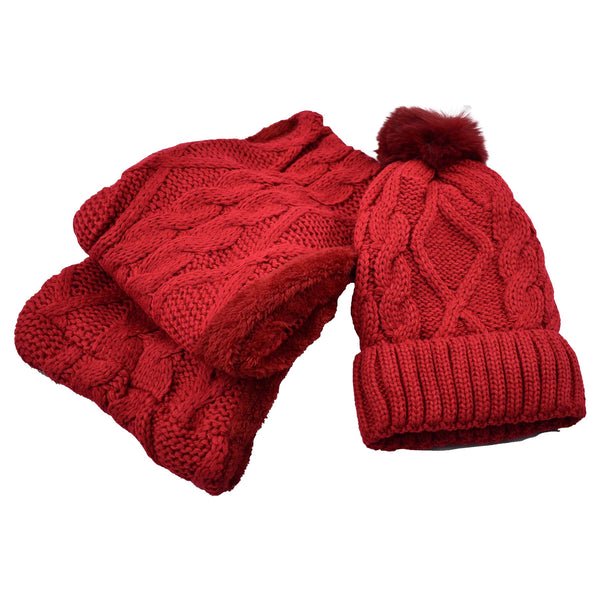 Women Fur Lined Beanie Pom Pom Hat and Scarf Set