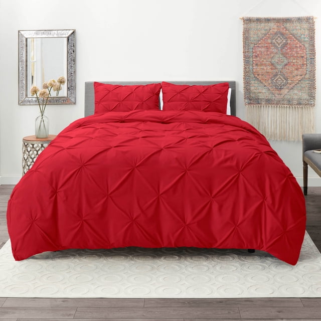 Nestl 3 Piece Pinch Pleated Duvet Cover Set with Button Closure & Corner Ties - 100% Soft Hypoallergenic Microfiber Pintuck Decorative Duvet Cover Sheet Set, Queen - Cherry Red