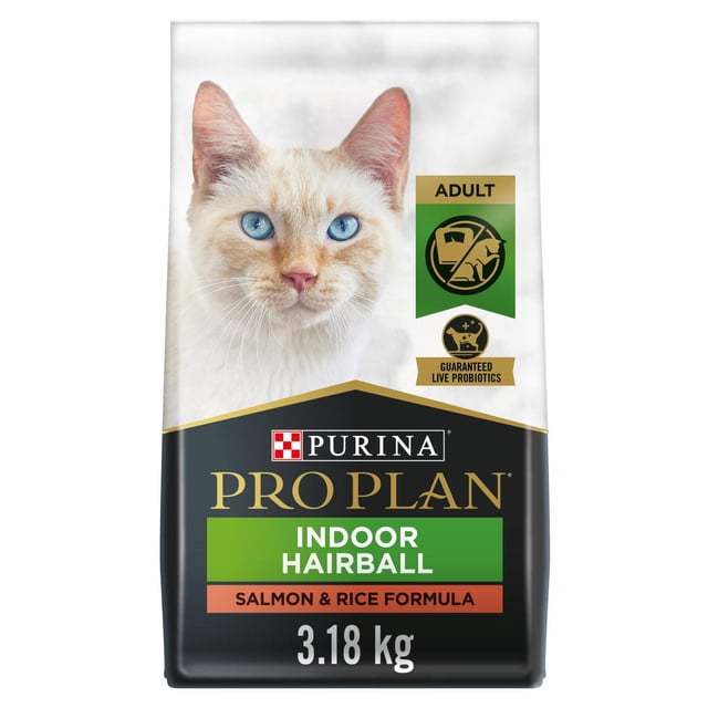 Purina Pro Plan Formule pour Chats d'Intérieur aux Boules de Poils au Saumon et Riz Nourriture Sèche pour Chats Sac de 3,18 kg Montrant un Chat de Couleur Crème aux Yeux Bleus, Formulée pour les Chats Adultes pour Soutenir le Contrôle des Boules de Poils et la Santé digestive avec Probiotiques Vivants Garantis.