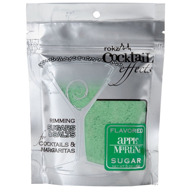 Rokz 5 oz de Sucre Garni pour Cocktail à la Pomme dans un Sac Argenté Refermable avec du Sucre Vert Vif visible à Travers une Fenêtre Transparente. Idéal pour Rehausser les cocktails, margaritas et Boissons Spécialisées, Ce Sucre Garni à Saveur de Pomme Acidulée Ajoute une Touche de Couleur et d'Éclat aux Mélanges et Garnitures à Boire.