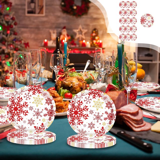 Amzcrzy Paper Disposable Tableware Set Red Snowflake Christmas Theme Party Tableware Disposable 7-Inchs 9-Inchs Paper Plates Paper Cups Tissue Set Of Party-Themed Paper Plates Set