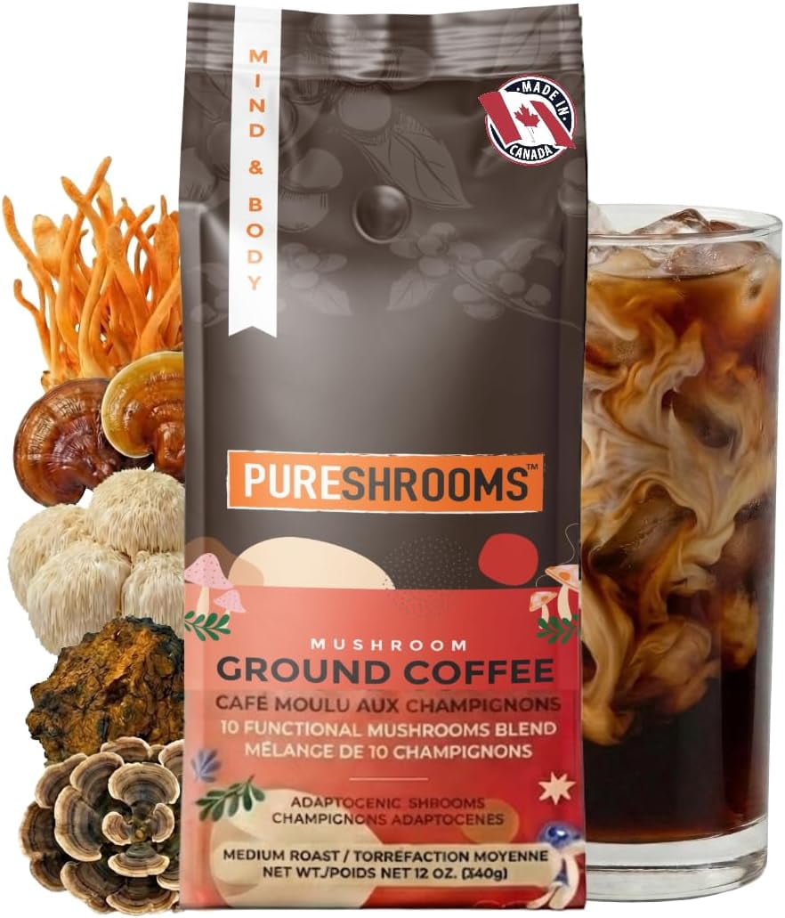 PureShrooms Perfect 10 Mushroom Ground Coffee - Turkey Tail, Chaga, Lion's Mane, Reishi, Cordyceps, Maitake, Shiitake and more (Perfect 10, 340g)