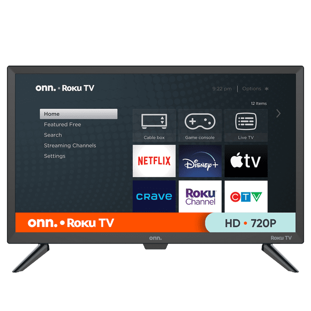 onn. 24" 720p HD Roku Smart TV with 24-inch LED screen displaying the Roku home interface featuring streaming apps like Netflix, Disney+, Apple TV, Crave, Roku Channel, and CTV, offering 720p resolution and smart TV streaming options.