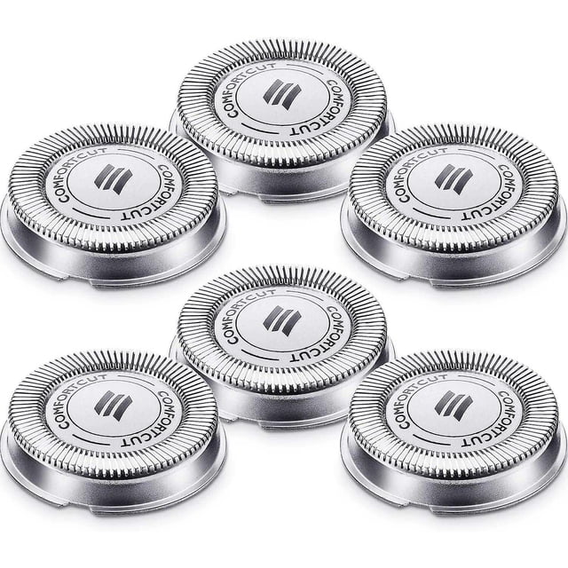 NETSENG 6 Packs SH30 Shaver Heads for Philips Electric Shaver 1000, 2000, and 3000 series. The image shows six silver stainless steel replacement heads with a 360-degree design and nine pointed blades for efficient shaving. Compatible with S738 Click and Style models, these heads are easy to replace and washable. Diameter: 20.4mm.