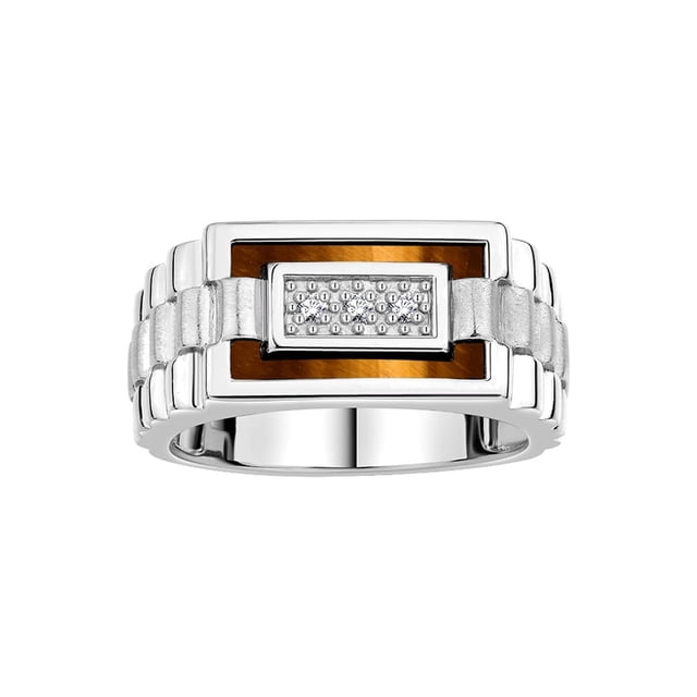 RYLOS Men's Rings 14K White Gold Designer Ring With Diamonds and Tiger Eye Rings For Men Size 9