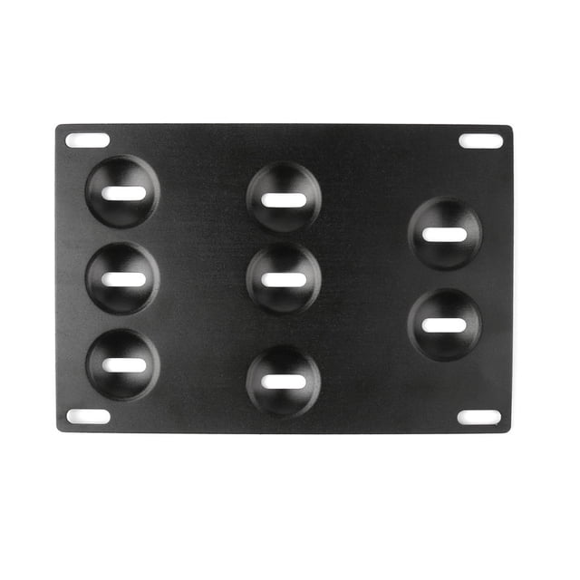 Bumper Tow Hook License Plate Mount Bracket for BMW F30 F32 F10 3/4/5 Series. A black metal mounting bracket with multiple slots and rounded indentations, designed for easy installation without drilling or modification. Compatible with 2013+ BMW F30, F32, and F10 models. Includes angle adjustment for a curved bumper fit.