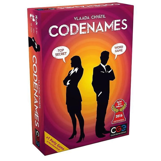 2023 Codenames Action Code Name Board Game Mat Family Party Game Card Playmat. The box features a vibrant design with silhouettes of a man and woman against a gradient orange and purple background, with speech bubbles reading 'Top Secret' and 'Word Game.' Suitable for ages 14 and above, this board game promotes intellectual development and parent-child communication. Made of coated paper, it is categorized as a classic board game.