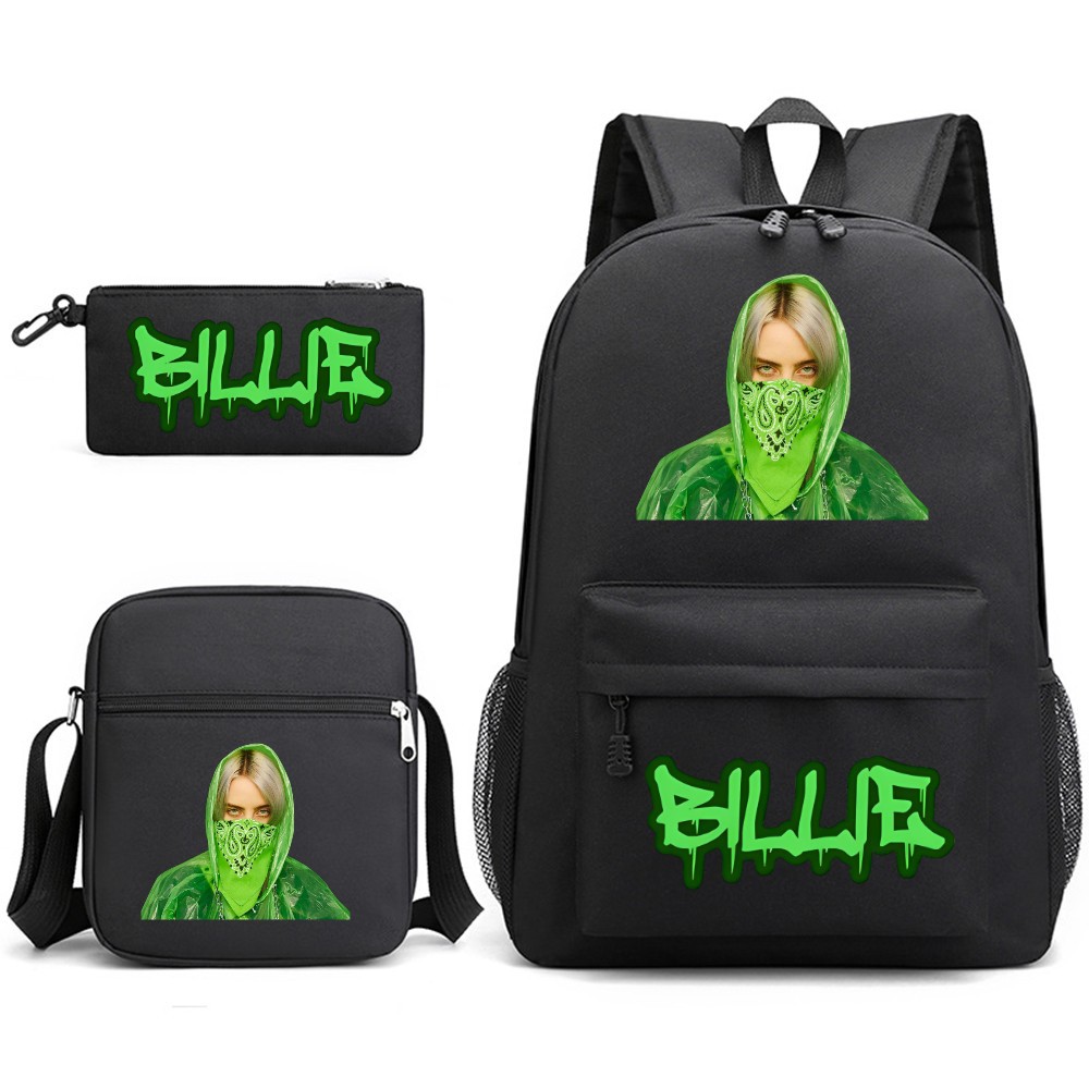 Billie Eilish Three-Piece School Bag Backpack Student Stationery Bag Printed Backpack Black~1 -COCHIE
