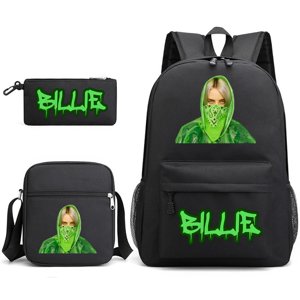 Billie Eilish Three-Piece School Bag Backpack Student Stationery Bag Printed Backpack Black~1 -COCHIE