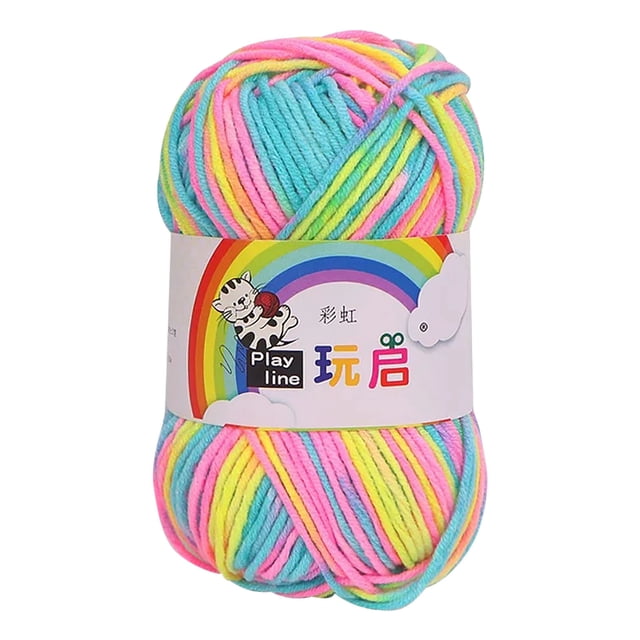 EGNMCR Hand-made DIY Scarf Sweater Coat Bar Needle Thread Baby Line Thick Wool yarn in a vibrant multicolour design featuring shades of pink, yellow, green, and blue. The yarn is packaged in a skein with a playful label showing a rainbow and cartoon design. Ideal for knitting or crocheting scarves, sweaters, hats, and other crafts. Suitable for children, adults, and the elderly.