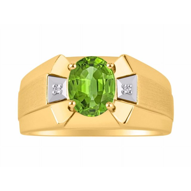 RYLOS Men's Rings 14K Yellow Gold Rings Classic Designer 9X7MM Oval Gemstone & Diamond Ring Peridot August Birthstone Ring Size 8