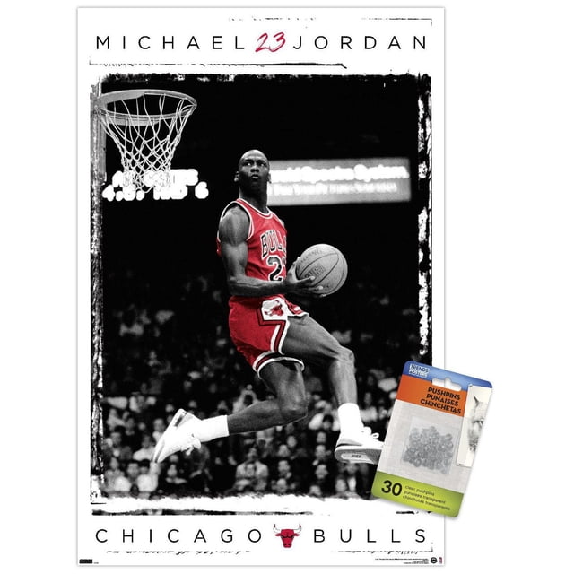 Michael Jordan - Dunk Wall Poster, 14.725" x 22.375" framed depicting Michael Jordan in a red Chicago Bulls uniform jumping to dunk a basketball near the hoop, set against a black and white blurred crowd background, with 'MICHAEL 23 JORDAN' text above and 'CHICAGO BULLS' with the Bulls logo below, printed on premium satin finish poster ideal for home or office wall art.