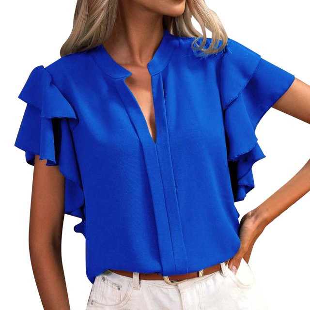 Hiiyo Chemise à Manches à Volants à Col en V pour Femme, Blouse d'Été Décontractée Polyvalente (S-TTG)