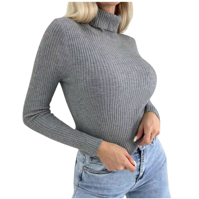 Dagegui Chandails à Col Roulé pour Femmes, Tricot Côtelé, Manches Longues, Chandail Extensible Ajusté, Hauts d'Automne Gris, P