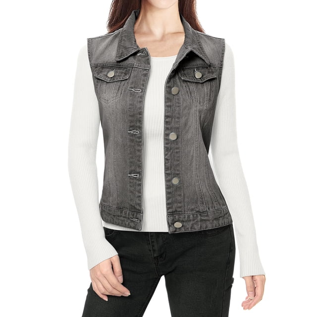 INSPIRE CHIC Women's Washed Denim Button Sleeveless Vest Jacket with Pockets in size M and gray color. This versatile outerwear features a turn down collar, single-breasted button closure, and double flap chest pockets. Made from a breathable cotton-polyester blend, it is ideal for layering over casual outfits during spring, summer, or fall.