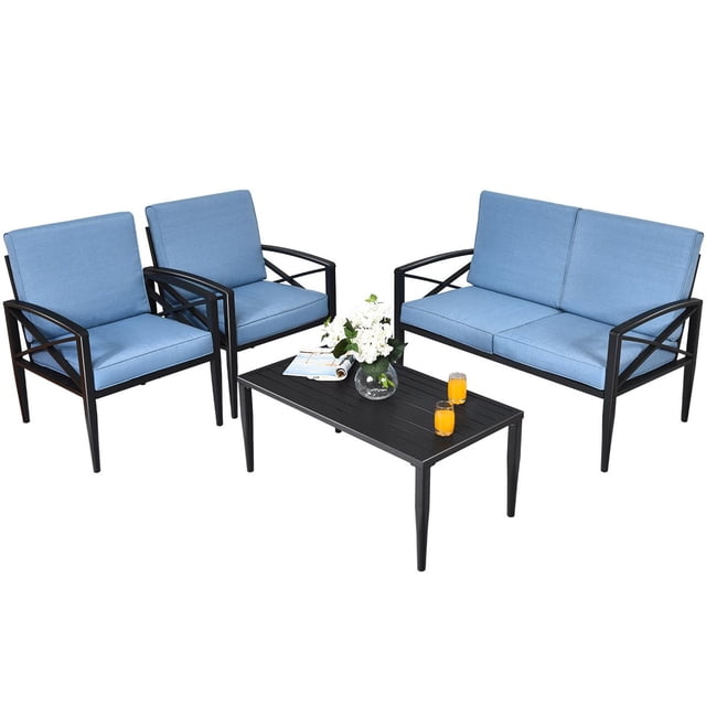 Giantex Ensemble de Conversation de Patio 4 Pcs Ensemble de Canapé d'Extérieur en Aluminium avec Coussins Rembourrés Ensemble de Meubles de Patio avec Table à Café